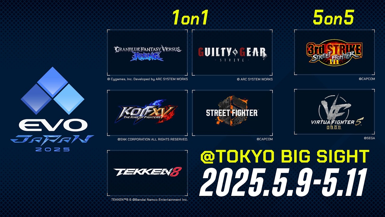 EVOジャパン2025」種目が発表。スト6、鉄拳8、GGST、GBVSR、KOF15、5on5でスト3、VF5REVOも